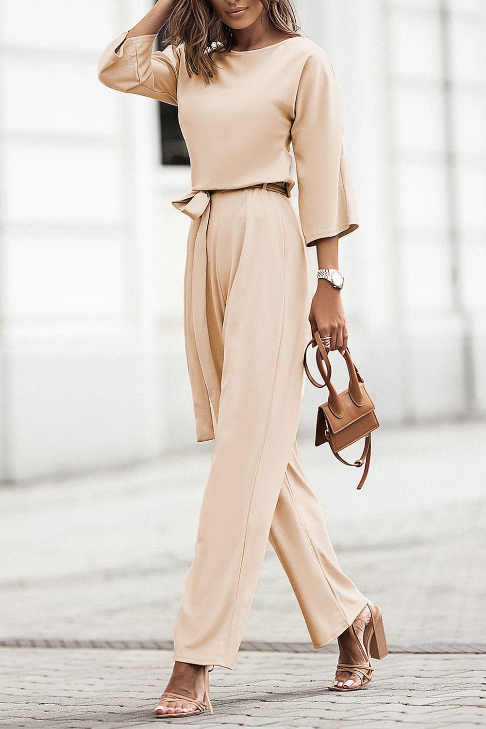 Apricot Boat Neck Knot Wide Leg Jumpsuit - Vesteeto