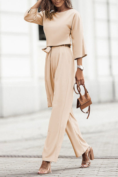 Apricot Boat Neck Knot Wide Leg Jumpsuit - Vesteeto