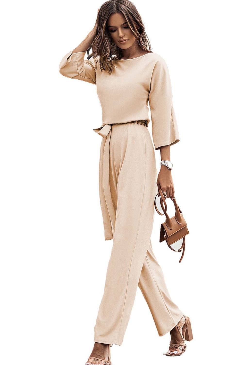 Apricot Boat Neck Knot Wide Leg Jumpsuit - Vesteeto