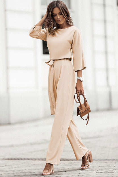 Apricot Boat Neck Knot Wide Leg Jumpsuit - Vesteeto