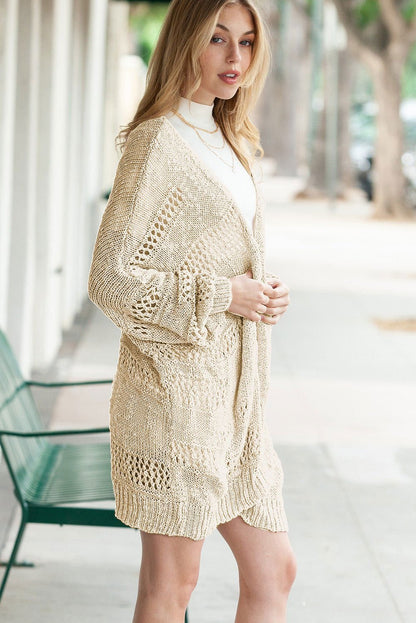 Apricot Casual Hollowed Knit Dolman Sleeve Cardigan - Vesteeto