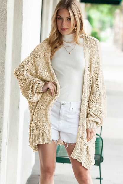 Apricot Casual Hollowed Knit Dolman Sleeve Cardigan - Vesteeto