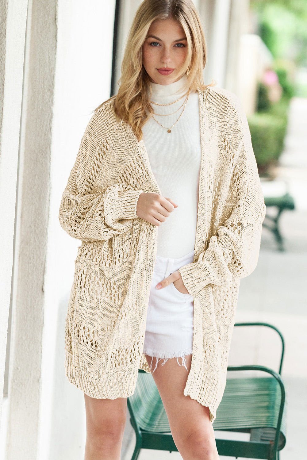 Apricot Casual Hollowed Knit Dolman Sleeve Cardigan - Vesteeto