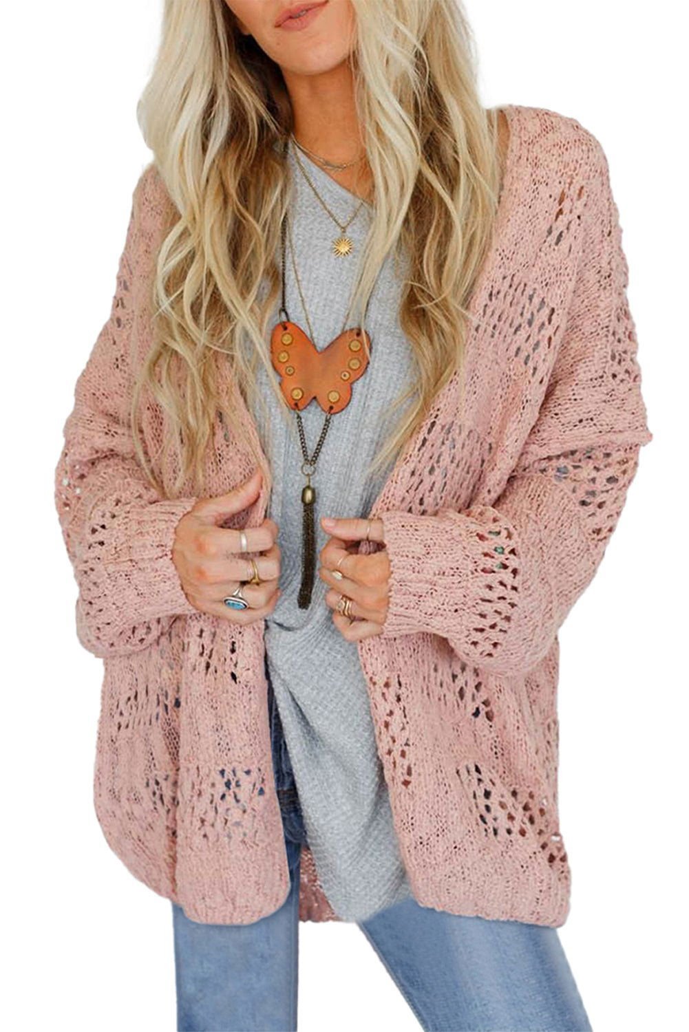 Apricot Casual Hollowed Knit Dolman Sleeve Cardigan - Vesteeto