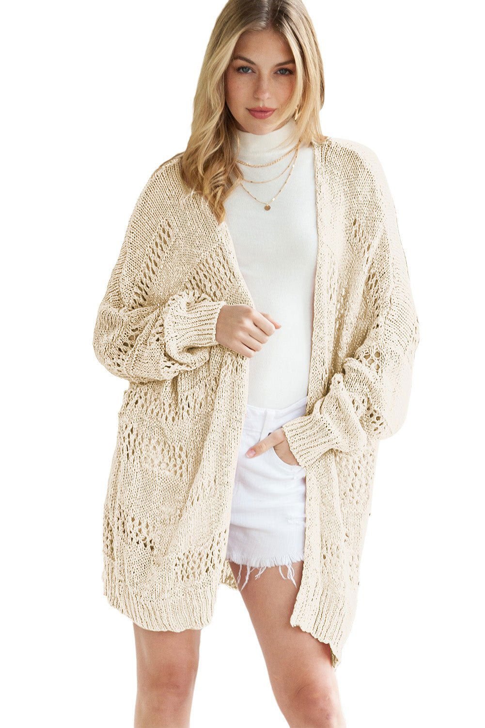 Apricot Casual Hollowed Knit Dolman Sleeve Cardigan - Vesteeto