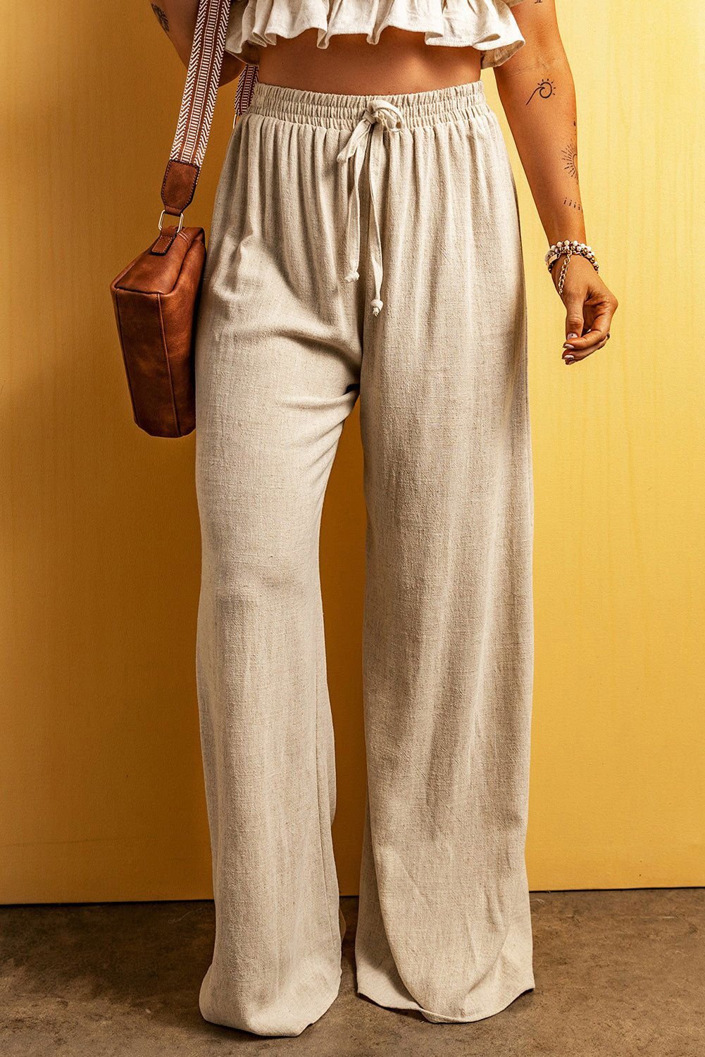 Apricot Casual Lace - up Waist Floor Length Wide Leg Pants - Vesteeto