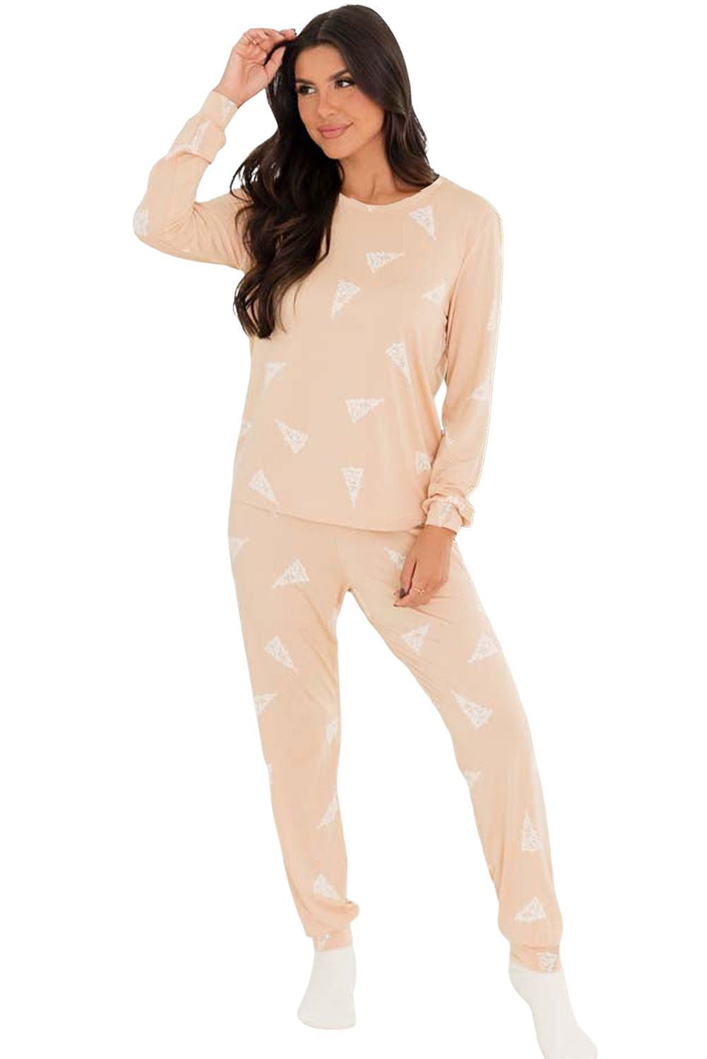 Apricot Christmas Tree Print Loose Fit Pajama Set - Vesteeto