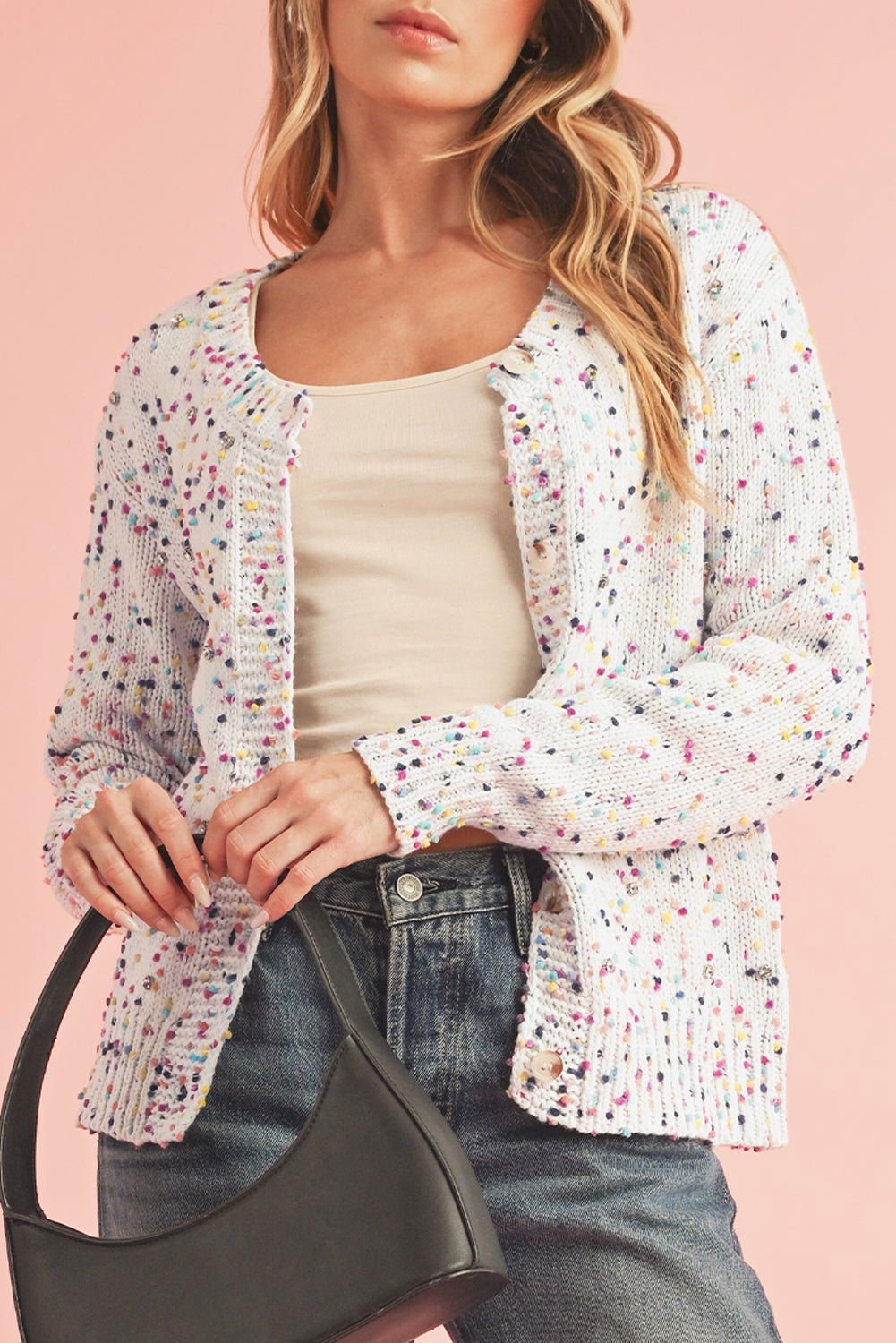 Apricot Confetti Knit Cropped Open Front Cardigan - Vesteeto