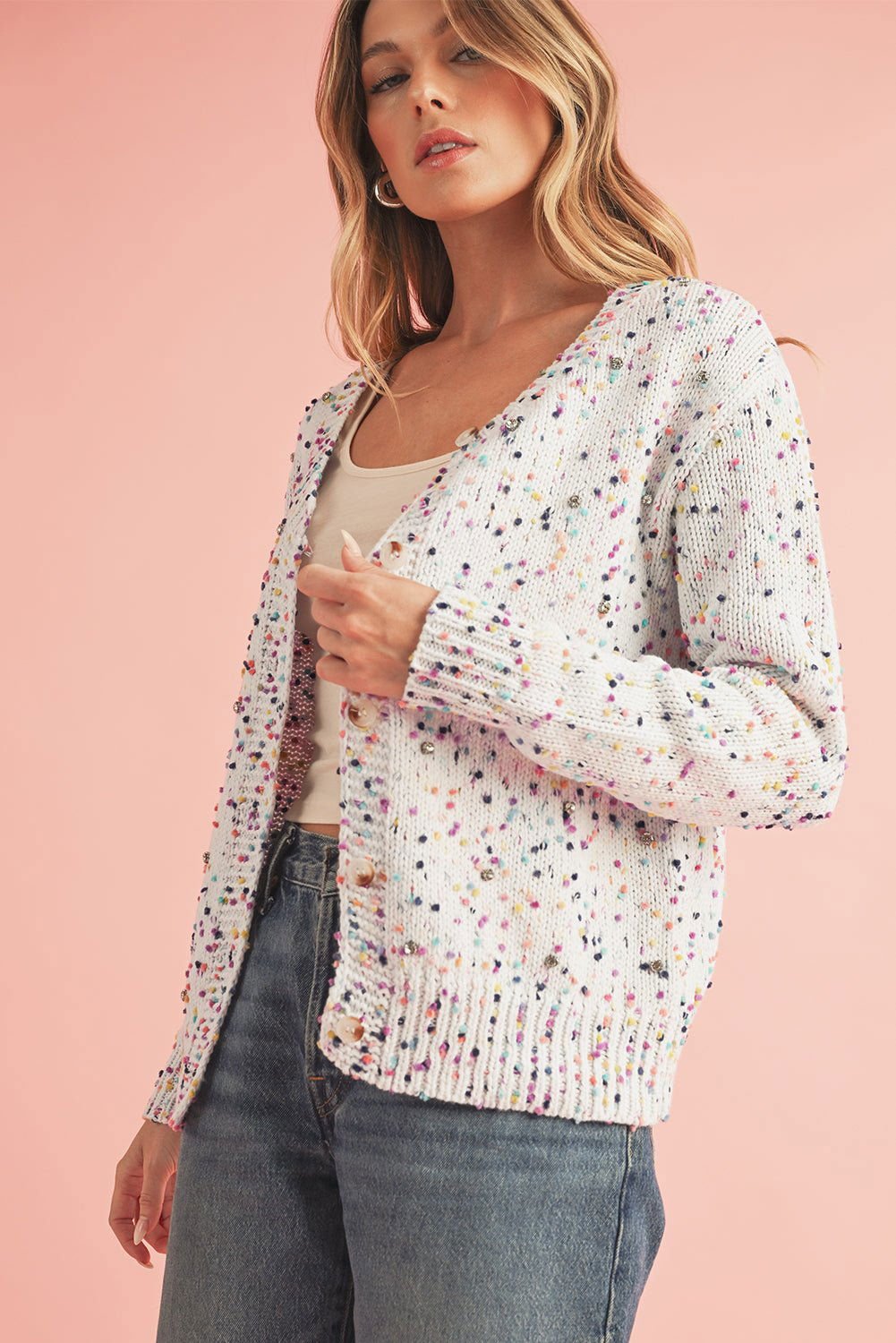 Apricot Confetti Knit Cropped Open Front Cardigan - Vesteeto