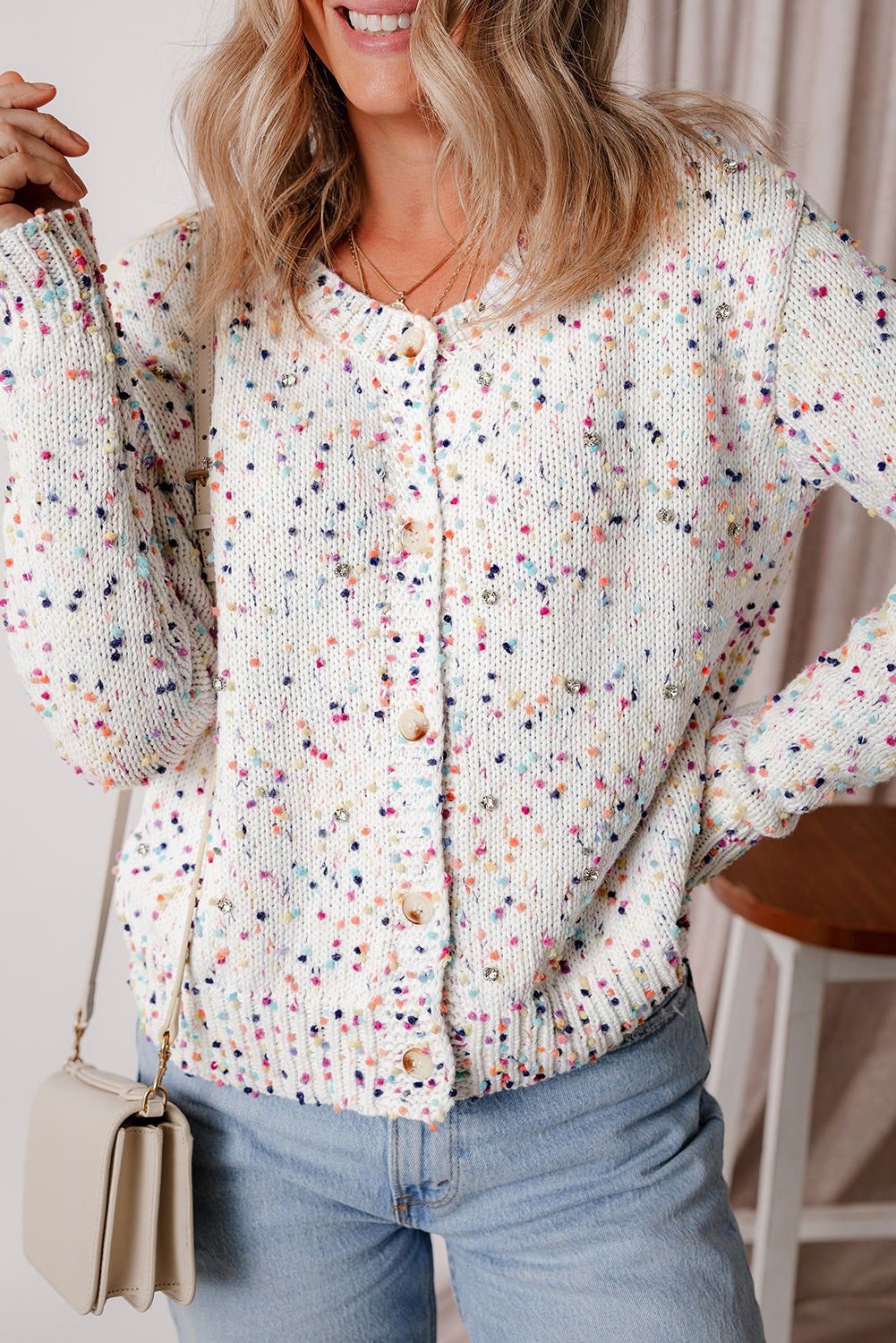 Apricot Confetti Knit Cropped Open Front Cardigan - Vesteeto