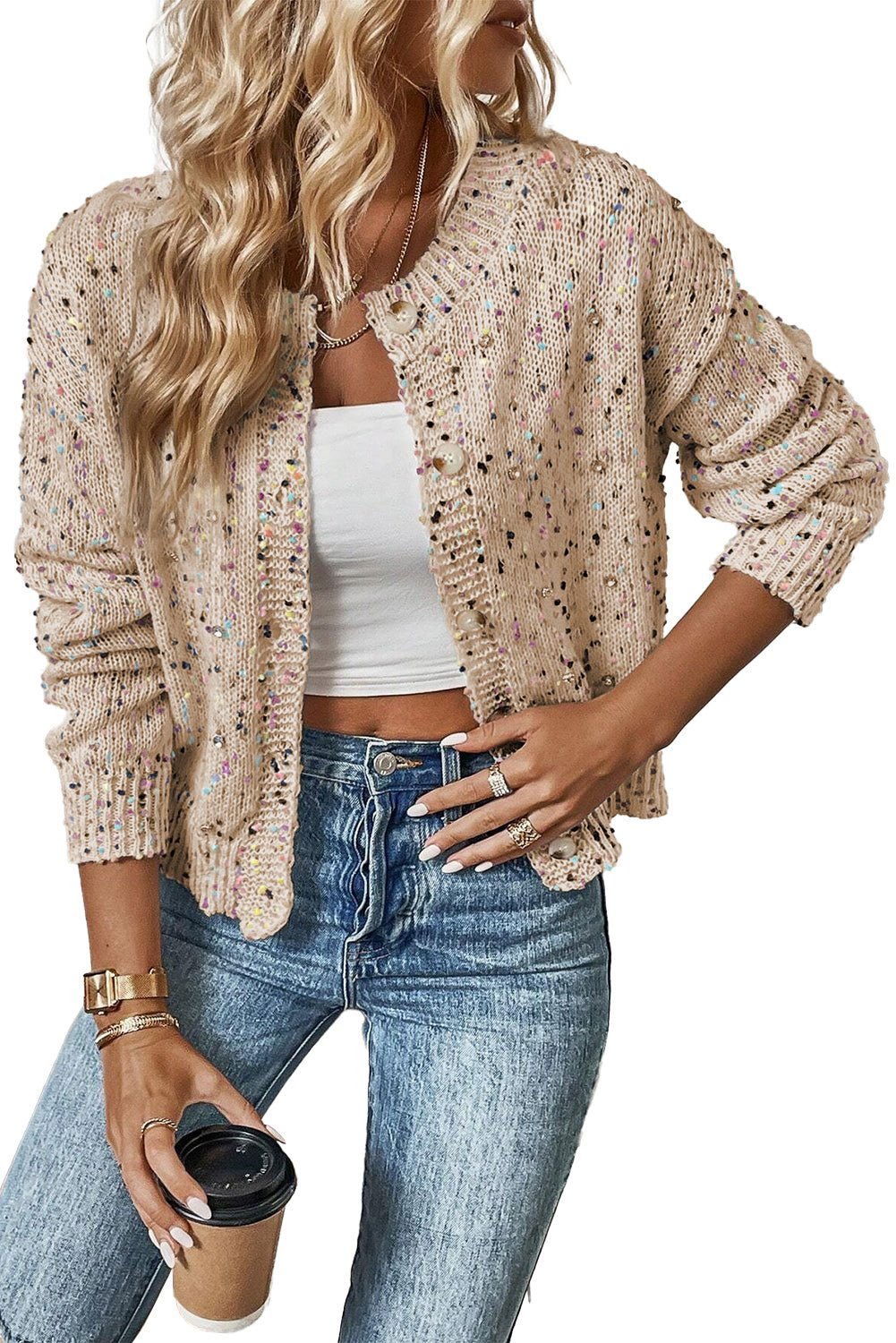 Apricot Confetti Knit Cropped Open Front Cardigan - Vesteeto