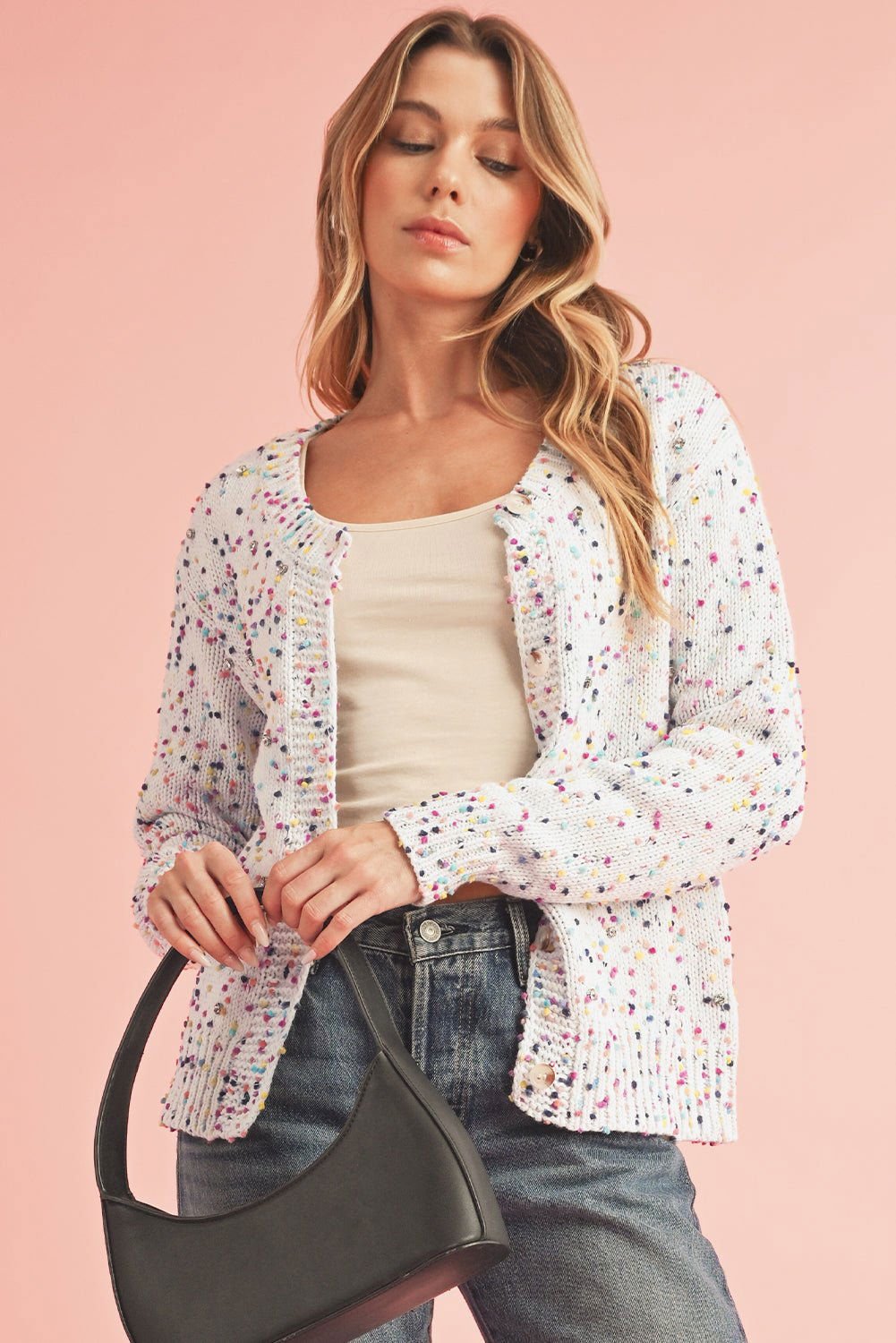 Apricot Confetti Knit Cropped Open Front Cardigan - Vesteeto