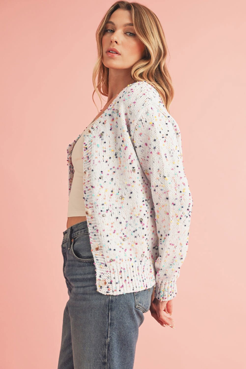 Apricot Confetti Knit Cropped Open Front Cardigan - Vesteeto