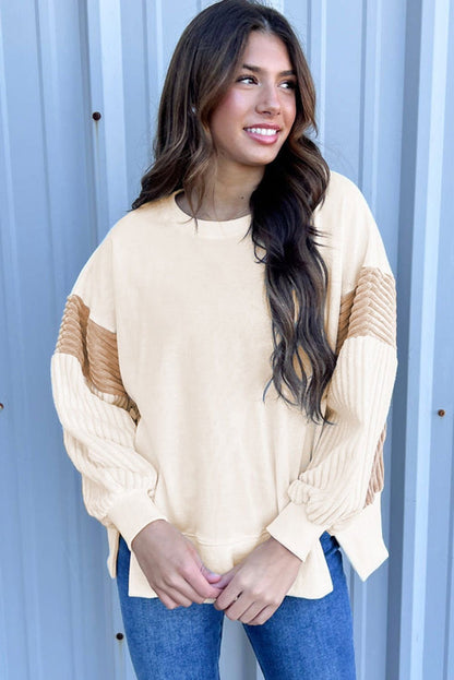 Apricot Corduroy Patchwork Drop Shoulder Long Sleeve Sweatshirt - Vesteeto