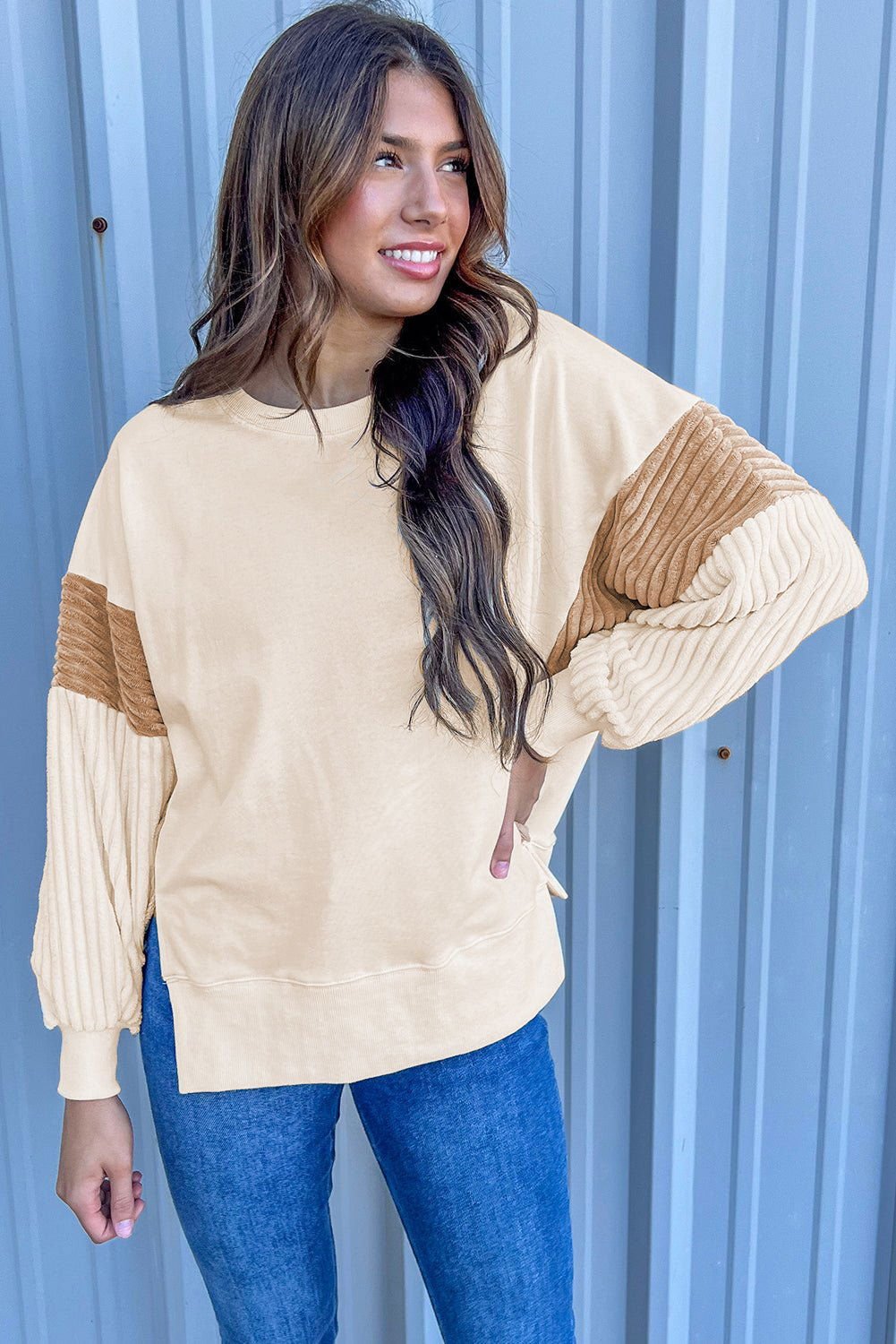 Apricot Corduroy Patchwork Drop Shoulder Long Sleeve Sweatshirt - Vesteeto