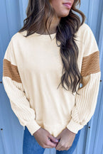 Apricot Corduroy Patchwork Drop Shoulder Long Sleeve Sweatshirt - Vesteeto