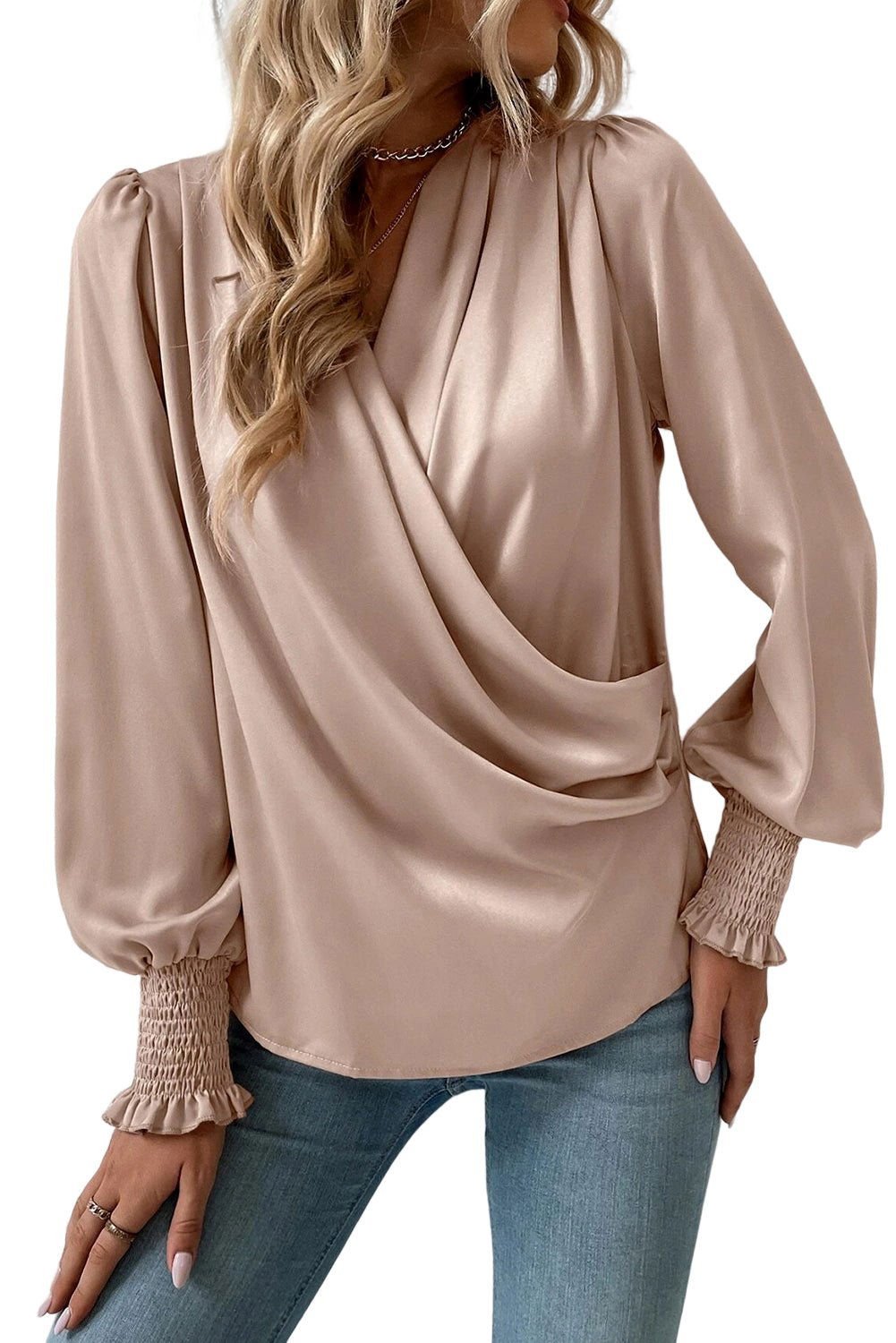 Apricot Draped Long Sleeve Wrap Dressy Blouse - Vesteeto