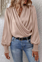 Apricot Draped Long Sleeve Wrap Dressy Blouse - Vesteeto