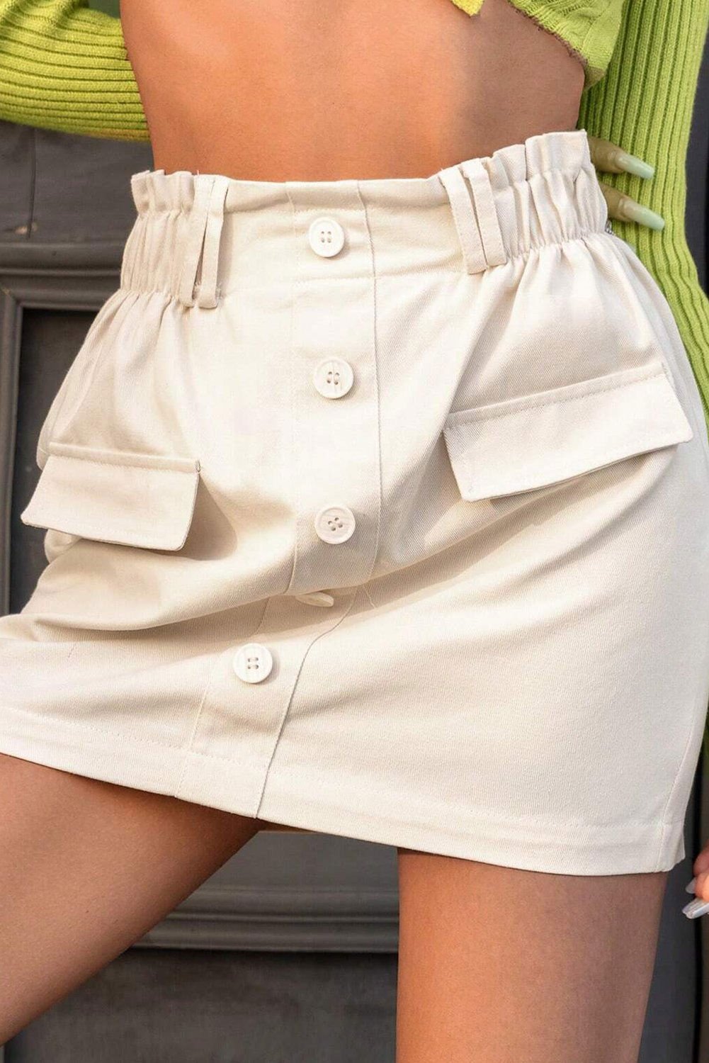 Apricot Elastic Waist A - Line Buttoned Mini Skirt - Vesteeto