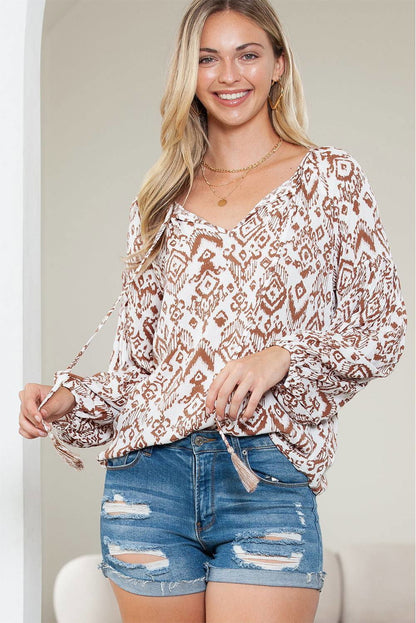 Apricot Ethnic Print Balloon Sleeve V Neck Tassel Blouse - Vesteeto