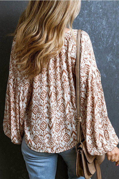 Apricot Ethnic Print Balloon Sleeve V Neck Tassel Blouse - Vesteeto