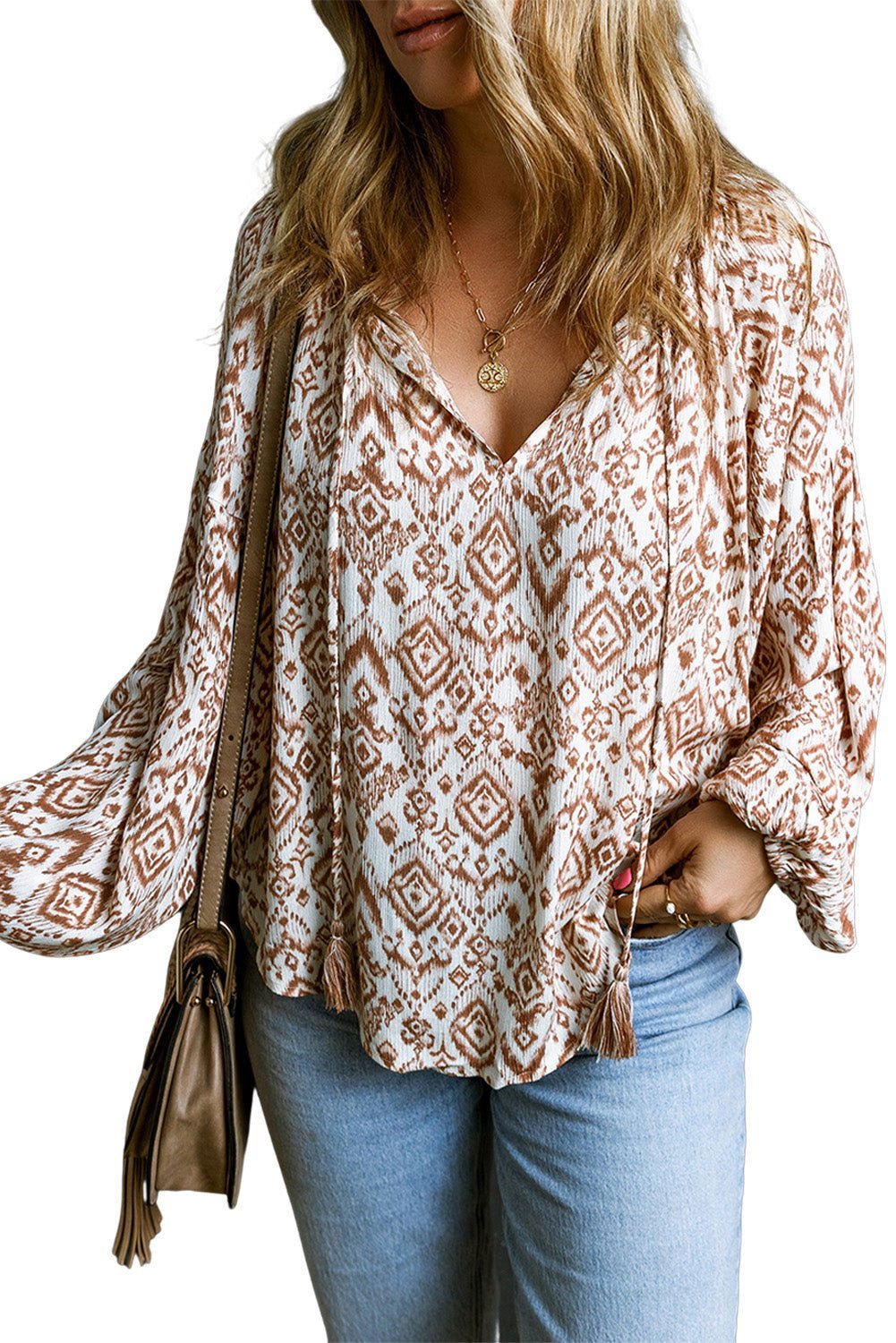 Apricot Ethnic Print Balloon Sleeve V Neck Tassel Blouse - Vesteeto