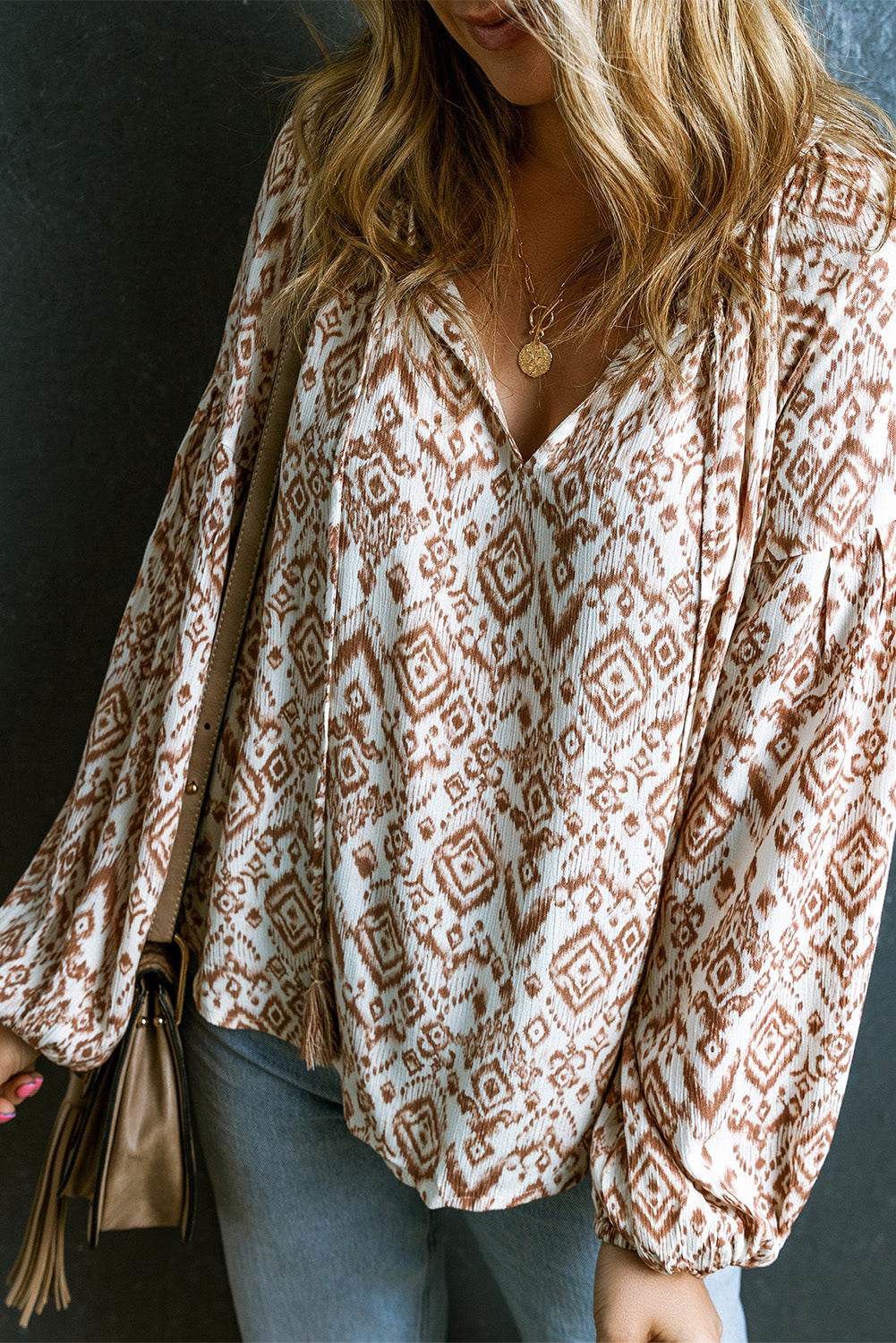 Apricot Ethnic Print Balloon Sleeve V Neck Tassel Blouse - Vesteeto