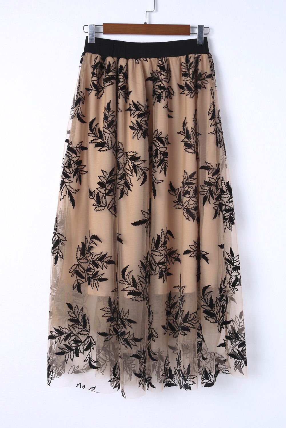 Apricot Floral Leaves Embroidered High Waist Maxi Skirt - Vesteeto