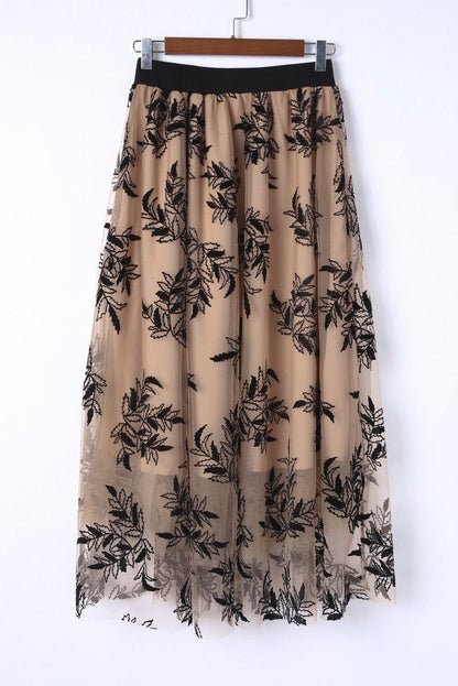 Apricot Floral Leaves Embroidered High Waist Maxi Skirt - Vesteeto