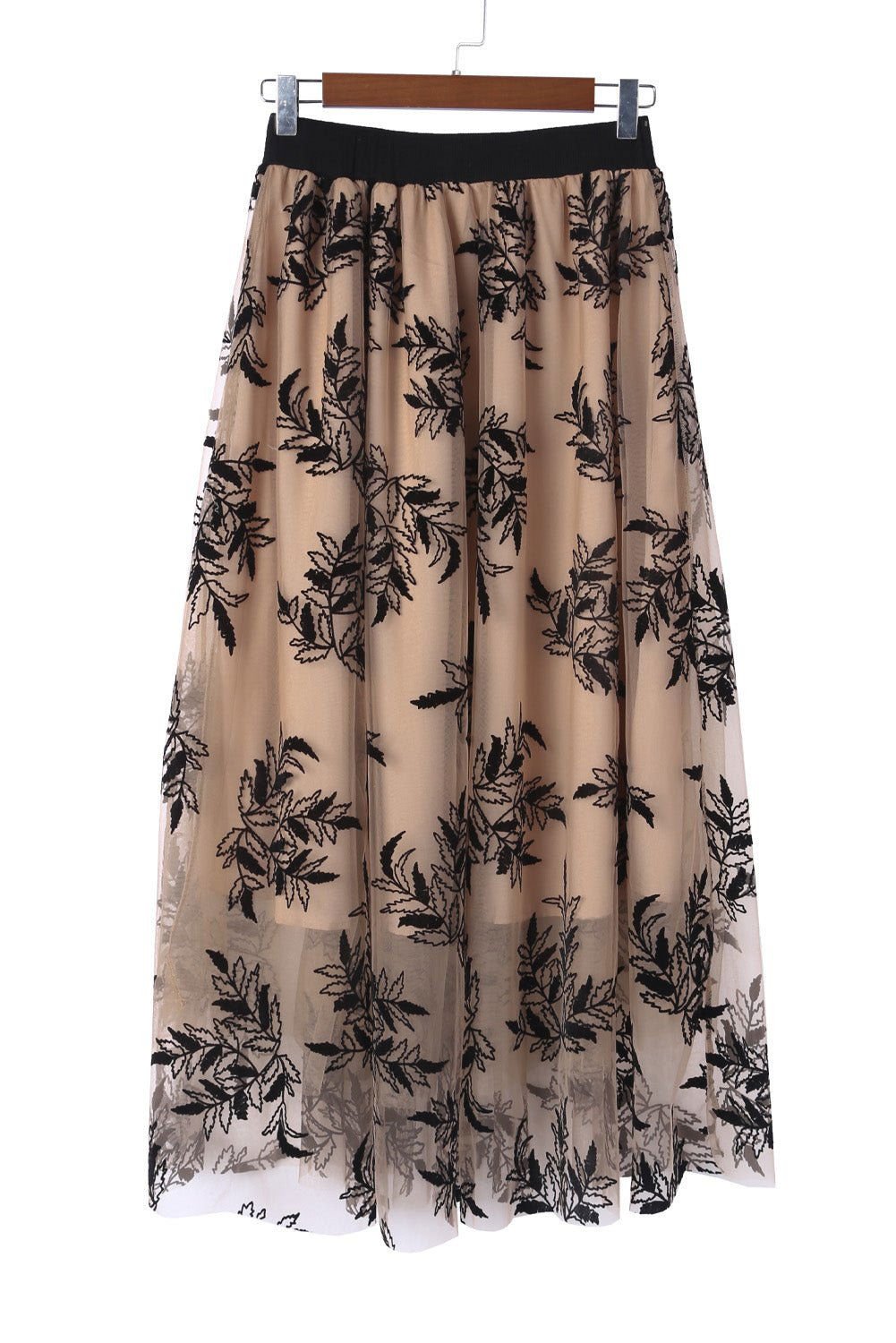 Apricot Floral Leaves Embroidered High Waist Maxi Skirt - Vesteeto