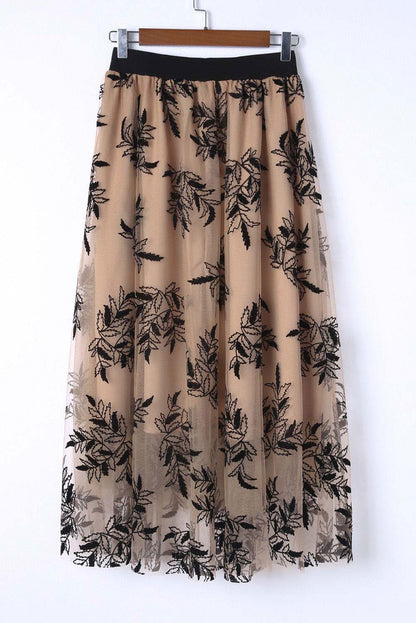 Apricot Floral Leaves Embroidered High Waist Maxi Skirt - Vesteeto