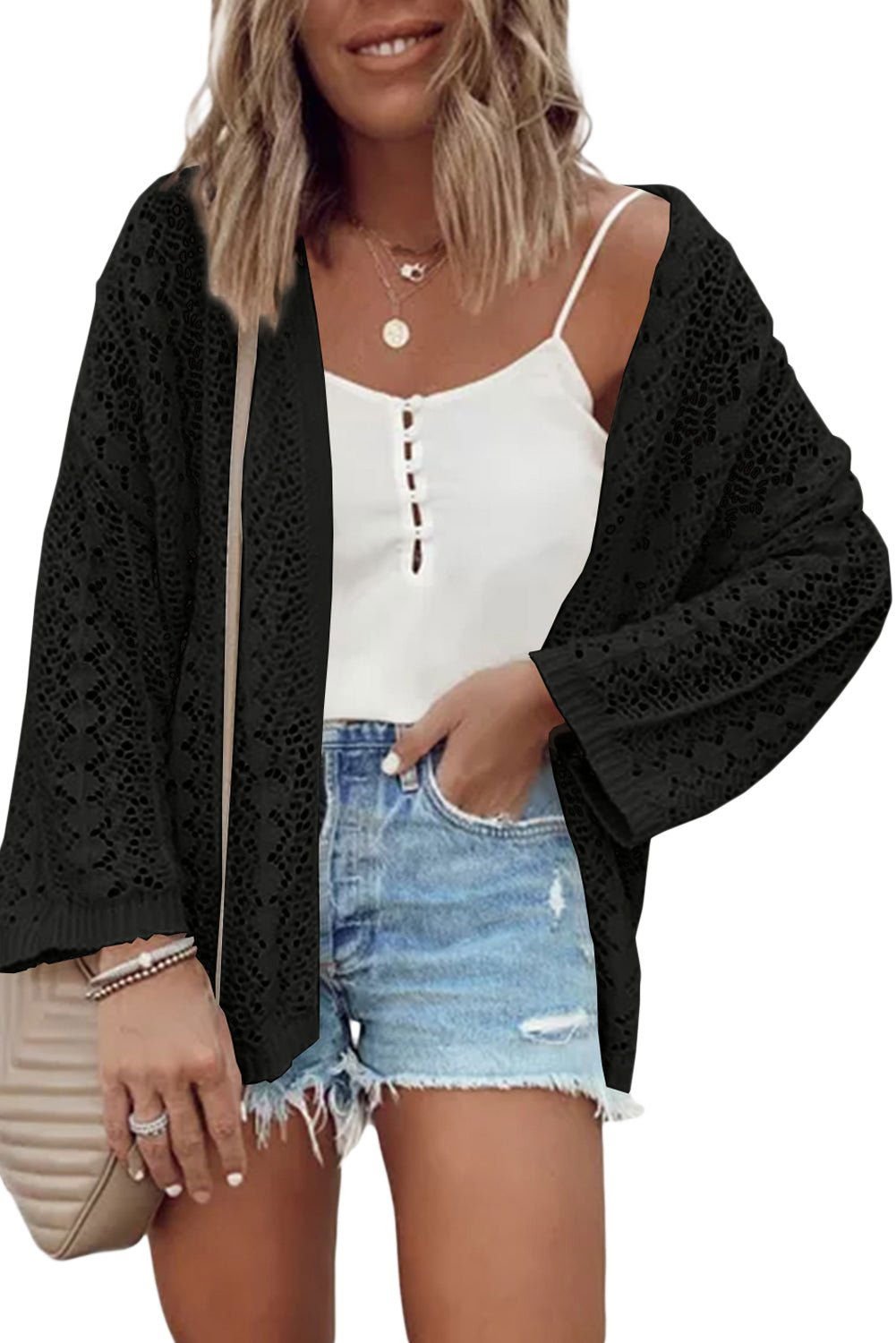 Apricot Hollow Out Crochet Knit Drop Shoulder Open Front Cardigan - Vesteeto