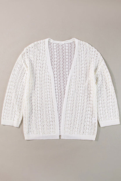 Apricot Hollow Out Crochet Knit Drop Shoulder Open Front Cardigan - Vesteeto