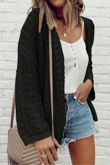 Apricot Hollow Out Crochet Knit Drop Shoulder Open Front Cardigan - Vesteeto