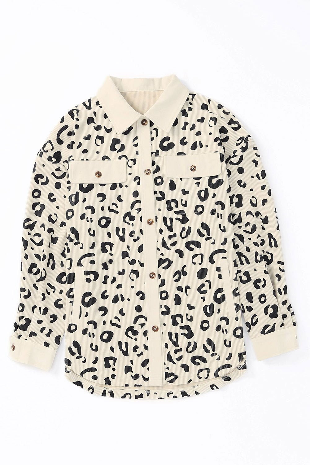 Apricot Leopard Collared Neckline Flap Pockets Corduroy Shacket - Vesteeto