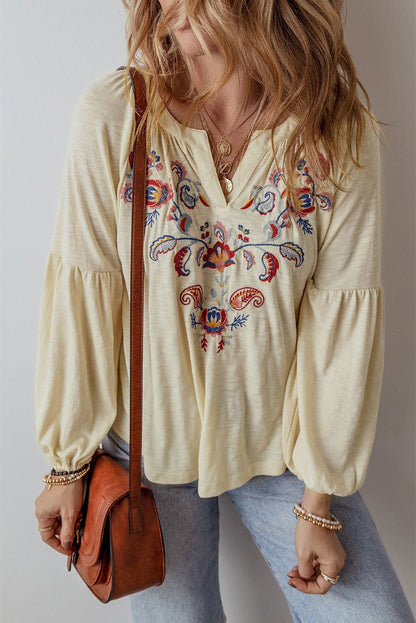 Apricot Paisley Floral Embroidered Notch V Neck Blouse - Vesteeto