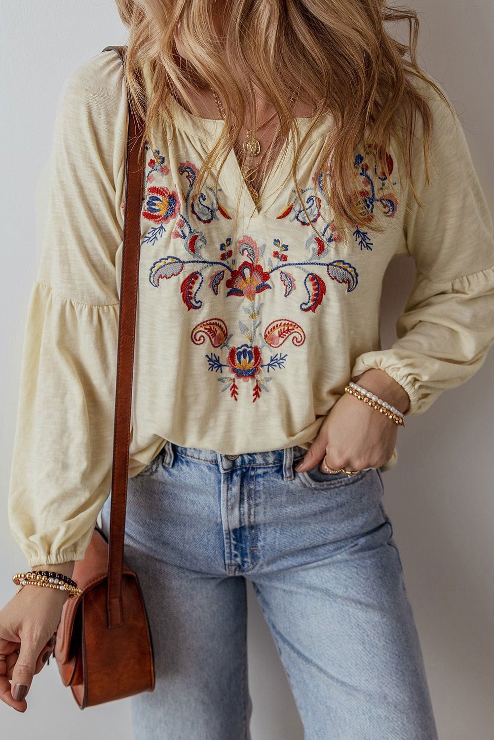 Apricot Paisley Floral Embroidered Notch V Neck Blouse - Vesteeto