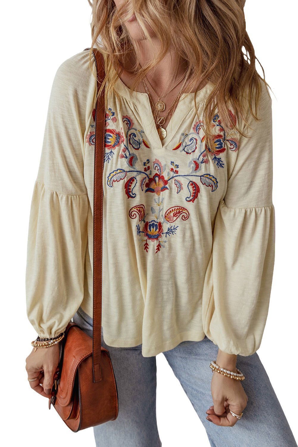 Apricot Paisley Floral Embroidered Notch V Neck Blouse - Vesteeto