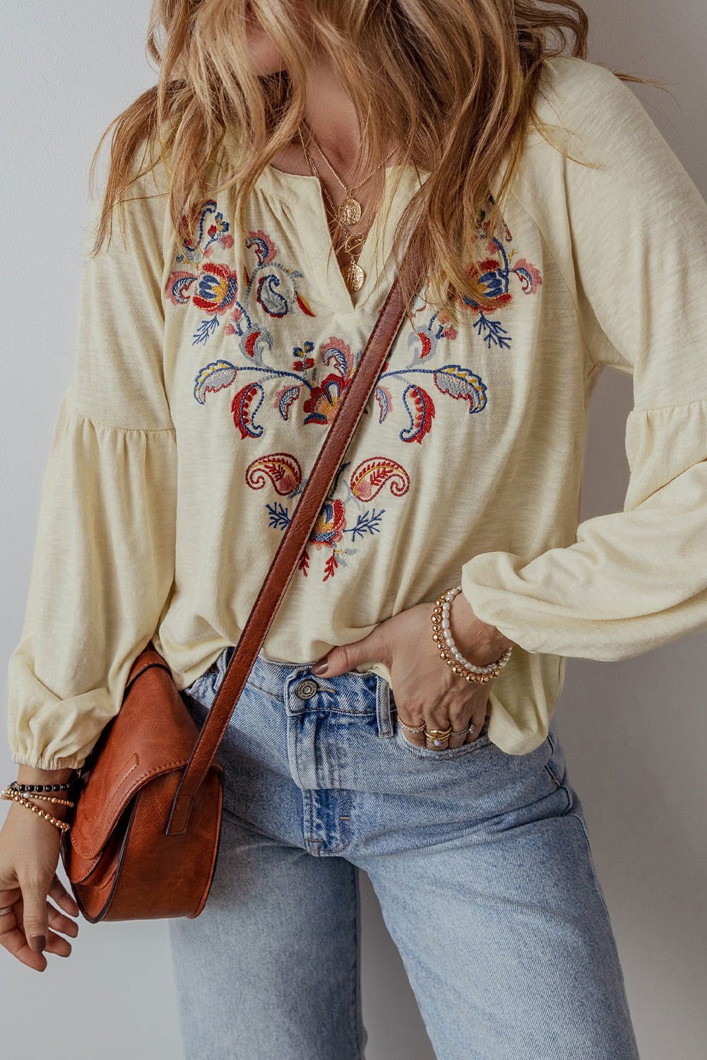 Apricot Paisley Floral Embroidered Notch V Neck Blouse - Vesteeto