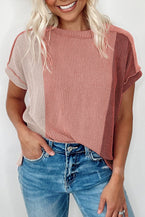 Apricot Pink Colorblock Ribbed Round Neck T Shirt 