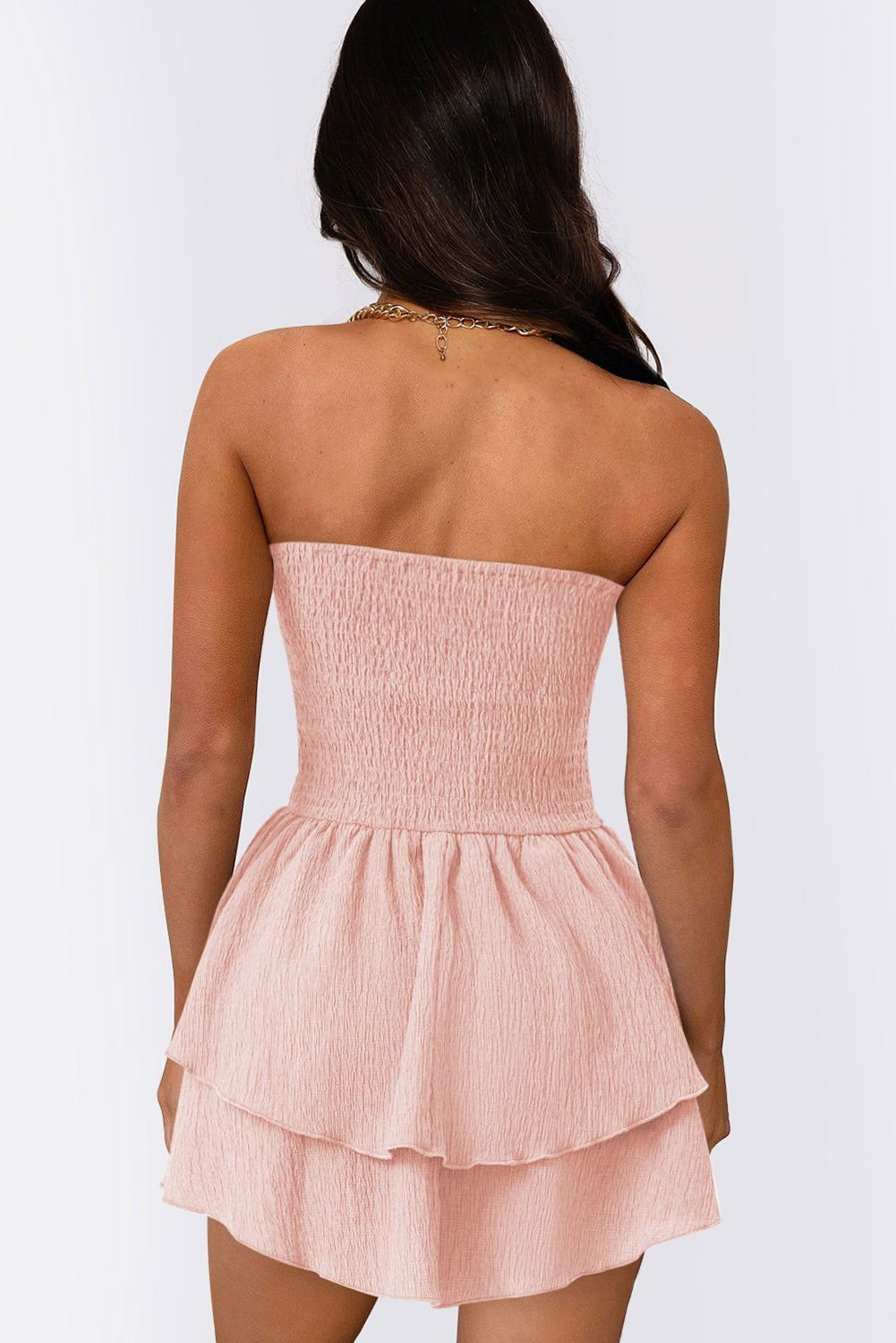 Apricot Pink Crinkled Strapless Layered Short Dress - Vesteeto