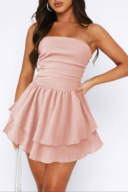 Apricot Pink Crinkled Strapless Layered Short Dress - Vesteeto