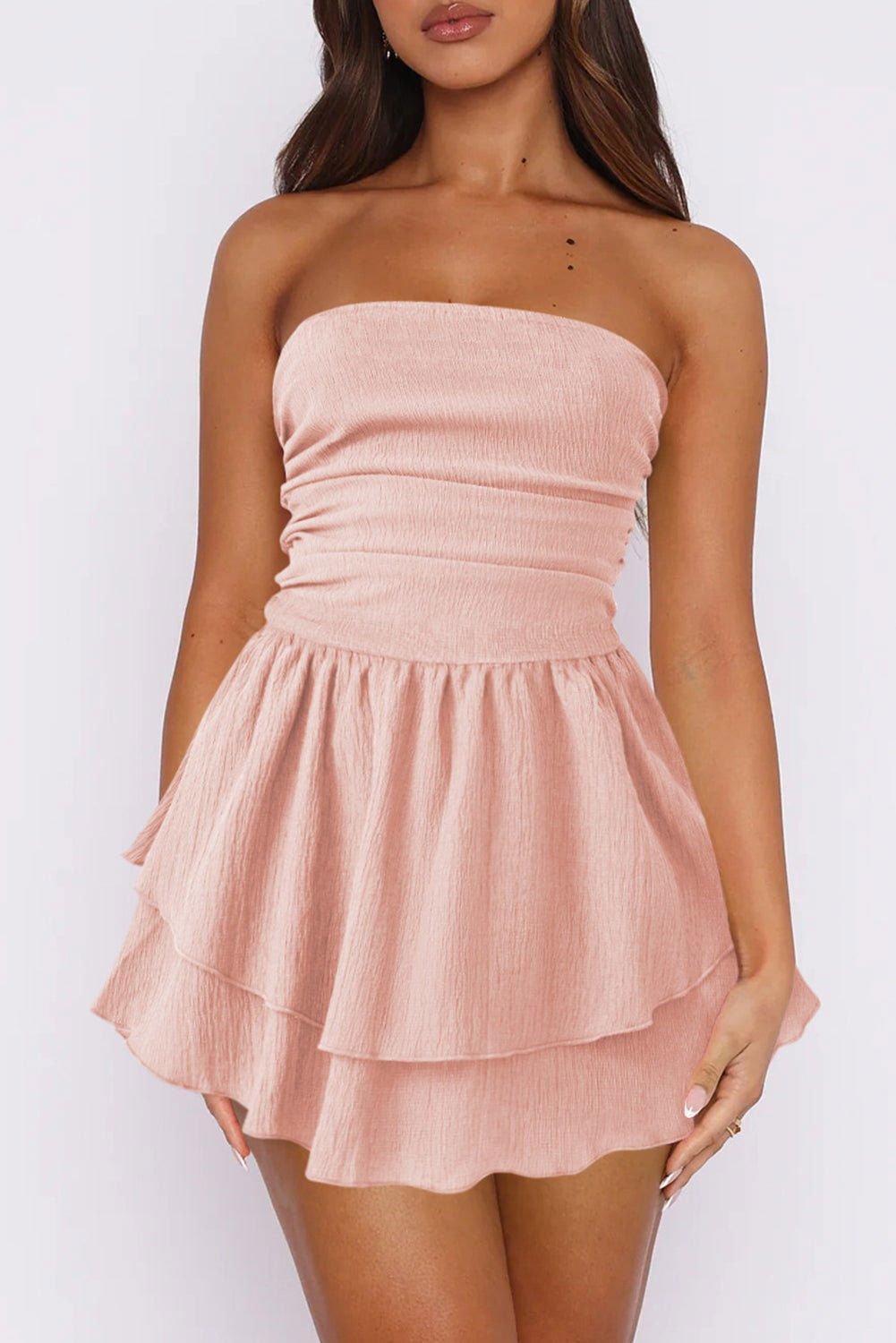 Apricot Pink Crinkled Strapless Layered Short Dress - Vesteeto