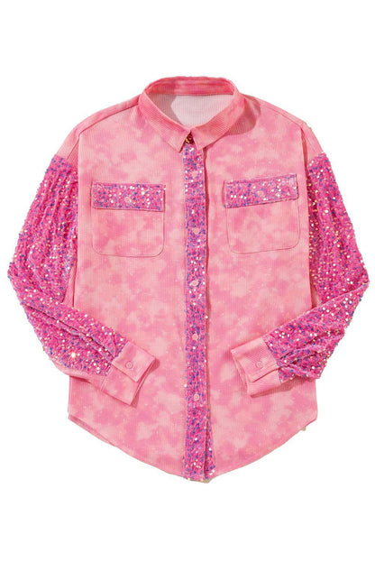 Apricot Pink Mineral Wash Sequin Patchwork Flap Pocket Shacket - Vesteeto