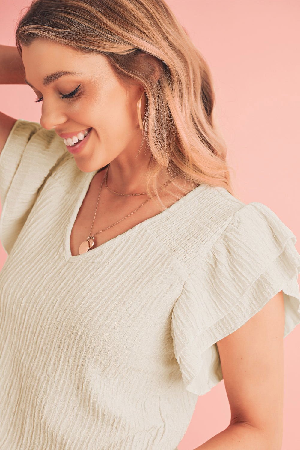 Apricot Plain Textured V Neck Layered Flutter Sleeve Blouse - Vesteeto