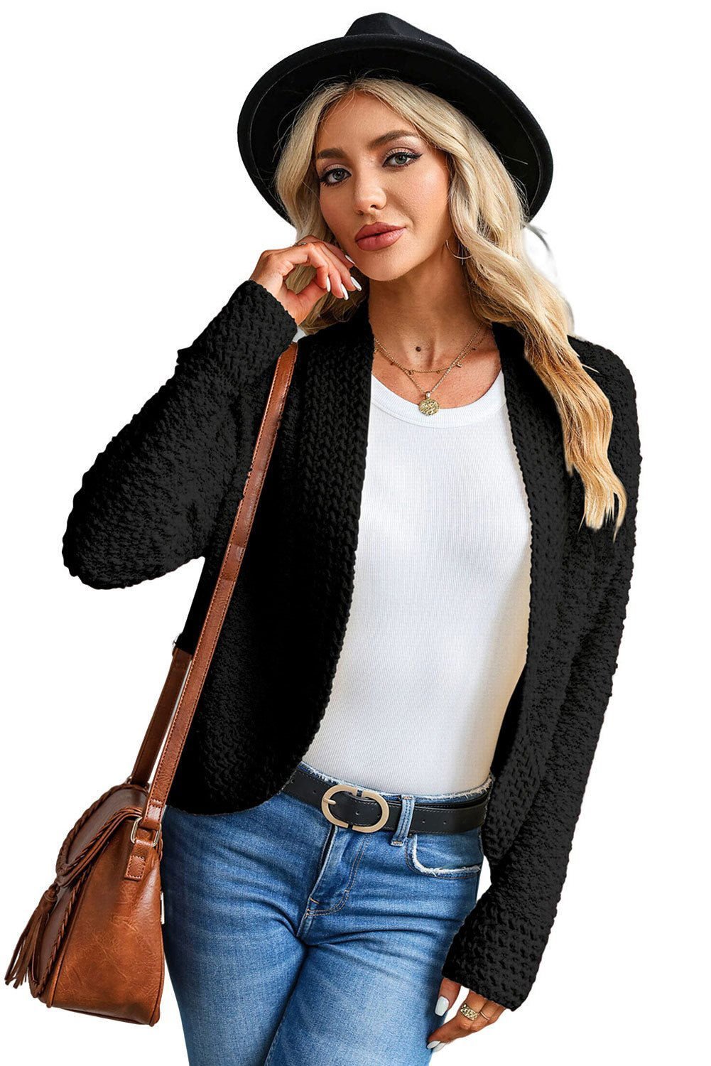 Apricot Popcorn Knit Open Front Cardigan - Vesteeto