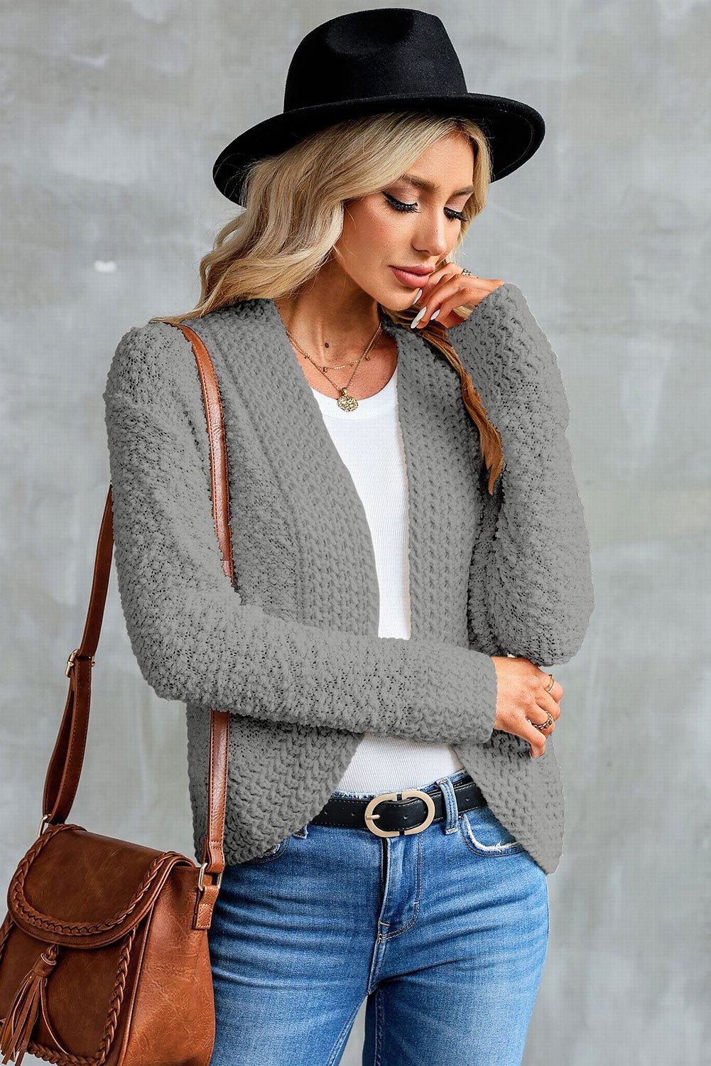 Apricot Popcorn Knit Open Front Cardigan - Vesteeto