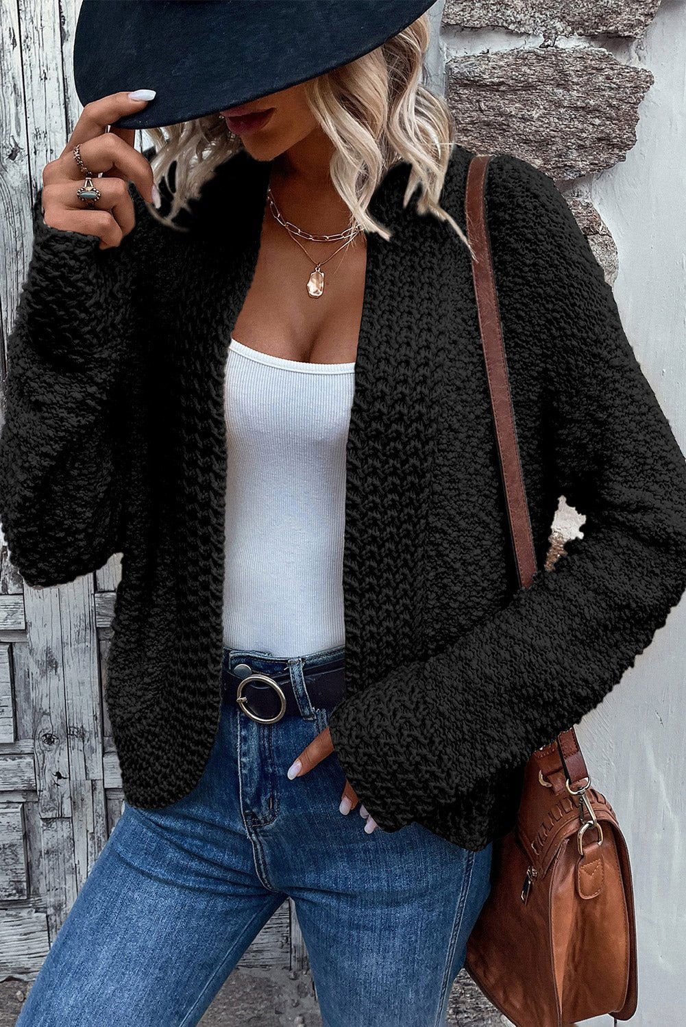 Apricot Popcorn Knit Open Front Cardigan - Vesteeto