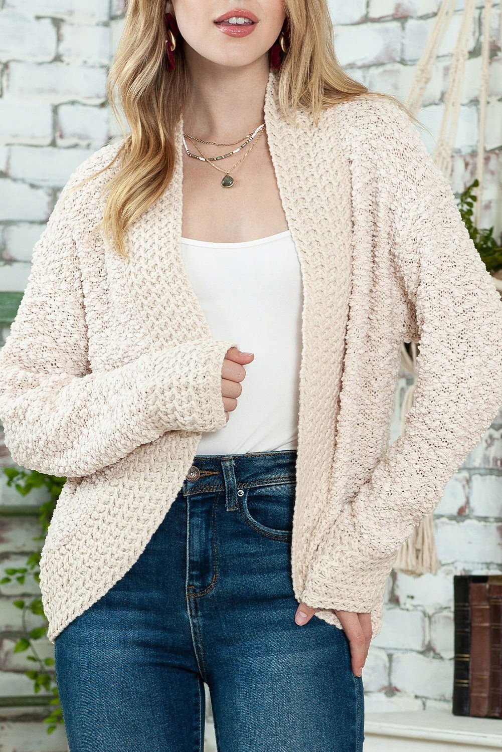 Apricot Popcorn Knit Open Front Cardigan - Vesteeto