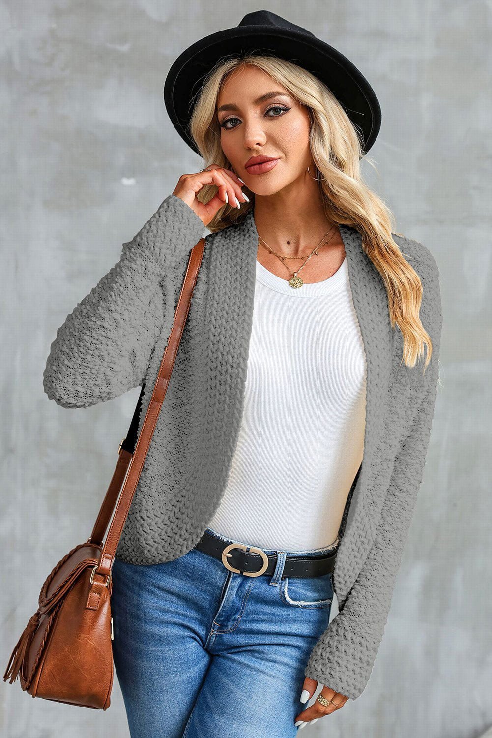 Apricot Popcorn Knit Open Front Cardigan - Vesteeto